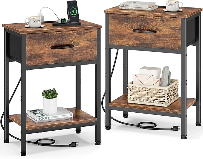 Vagusicc Nightstand Set of 2 with Charging Station, Bed Side Table with Fabric Drawer, Small End Table with 2-Tier Storage Shelves, 25.4" Tall Bedside Table, Night Stand for Bedroom Dorm, Rustic Brown