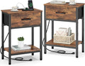 Vagusicc Nightstand Set of 2 with Charging Station, Bed Side Table with Fabric Drawer, Small End Table with 2-Tier Storage Shelves, 25.4" Tall Bedside Table, Night Stand for Bedroom Dorm, Rustic Brown