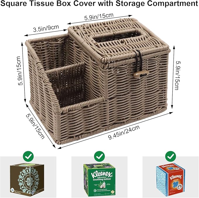 Woven Tissue Box Cover Square, Tissue Box Holder, Tissue Box Cover with Storage, Tissue Box Holder Remote Organizer, Bedside Nightstand Organizer for Bedroom/Bathroom/Office/Kitchen Countertop