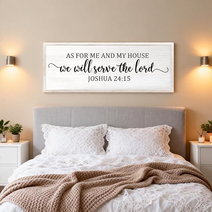 As For Me And My House We Will Serve The Lord Framed Wall Art, 40''×15'' Positive Religious Rustic Bible Verse for Christian God Jesus Christ Prayer, Vintage Horizontal Holy Catholic Scripture Decor
