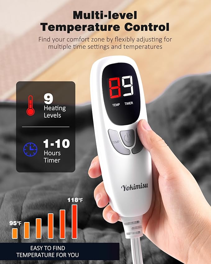 Heated Blanket Throw w/ 2 Wearable Buttons, Soft Flannel & Warm Sherpa Electric Blanket Fast Heating with 9 Heat Levels, 10 Time Settings, Over-Heat Protection, ETL Certified, 50"x60", Grey