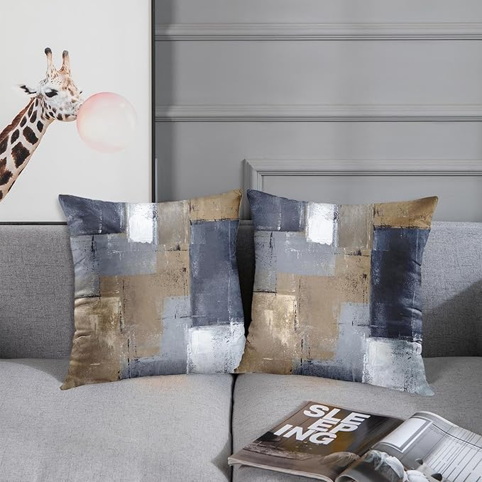 Britimes Throw Pillow Covers Modern Home Art Decor, 16 x 16 Inches Set of 2 Pillow Cases Decorative, Abstract Oil Painting Pillowcases for Bedroom, Living Room, Cushion Couch Sofa, Brown Blue