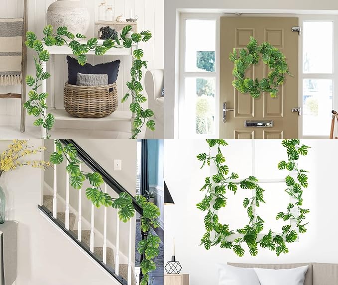 RECUTMS 4Pcs Artificial Monstera Leaves Vines, 5.9FT Fake Hanging Plant Ivy Faux Tropical Palm Leaf Greenery Garland for Garden Porch Patio Jungle Luau Beach Birthday Party Indoor Outdoor Spring Décor