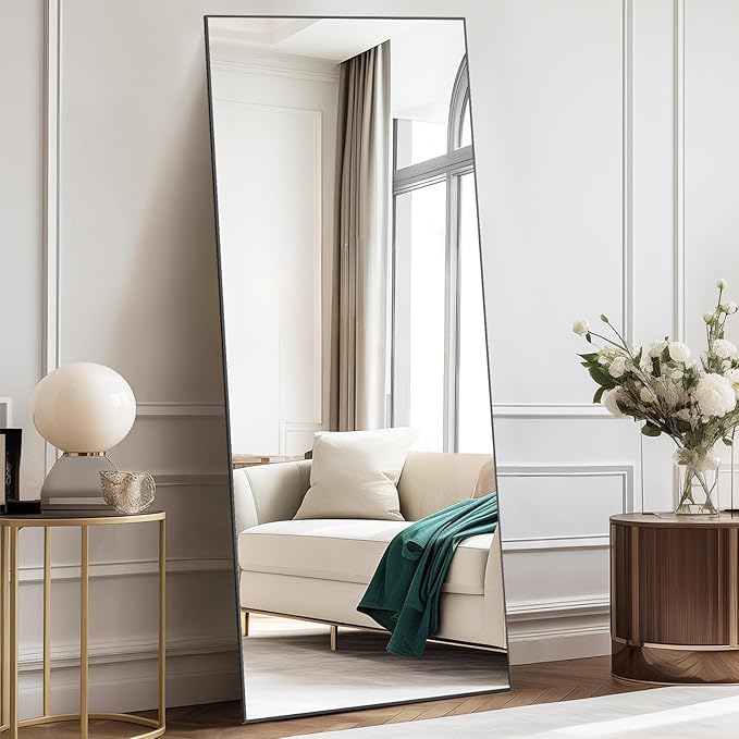 NEWBULIG Full Length Mirror 64.2"x 21" for Bedroom, Full Body Mirror with Stand, Hanging or Leaning for Wall, Aluminum Alloy Thin Frame Floor Standing for Living Room, Long, Black