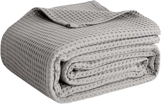100% Cotton Blankets for Bed - Waffle Weave Blankets for Summer, Lightweight and Breathable Soft Woven Blanket for Spring (Light Grey, King (90" x 108"))