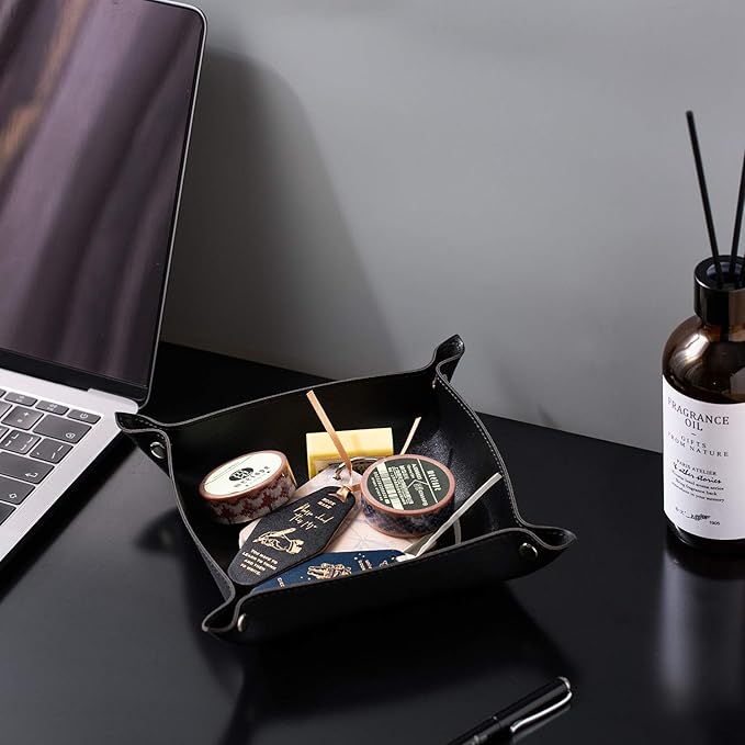 SANQIANWAN Leather Jewelry Valet Tray for Women and Man, Portable Entryway Table Tray Bedside Nightstand Desk Tray Small Catchall Travel Dish Plate for Key,Wallet,Watch,Coin (Black-B)
