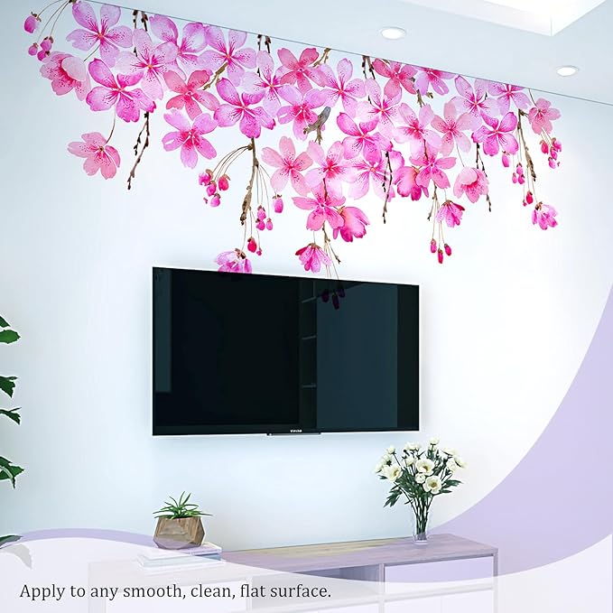Cherry Blossom Flowers Wall Decals Peel and Stick, Large Floral Vinyl Wall Stickers, Removable Vine Home Decor Art for Bedroom Living Room Classroom Office