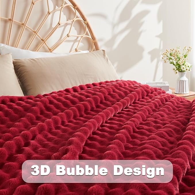 NEWCOSPLAY Faux Fur Twin Blanket Red Bubble Blanket Thick Warm Soft for Couch Sofa Bed 550GSM (Red, Twin(60"x80"))