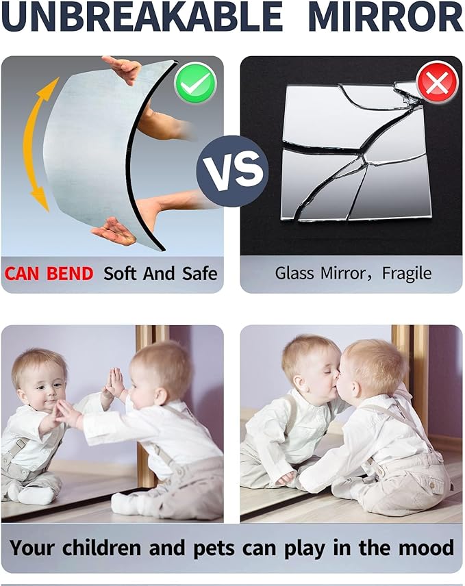 Kids Safety Shatterproof Mirror for Wall, Plastic Mirror Wall Mounted, Made of Unbreakable Acrylic Non-Glass, Thick 1/8",1Pcs 8"x8", Great for Bedroom Door Closet, Kids' Rooms Mirrors