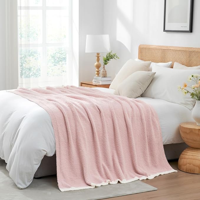 Snuggle Sac Pink Throw Blanket for Couch Bed Sofa 60x80 inches, Reversible Pink Blanket Microfiber Fluffy Fuzzy Cozy Knit Twin Blanket for Women Mothers Birthday Gifts