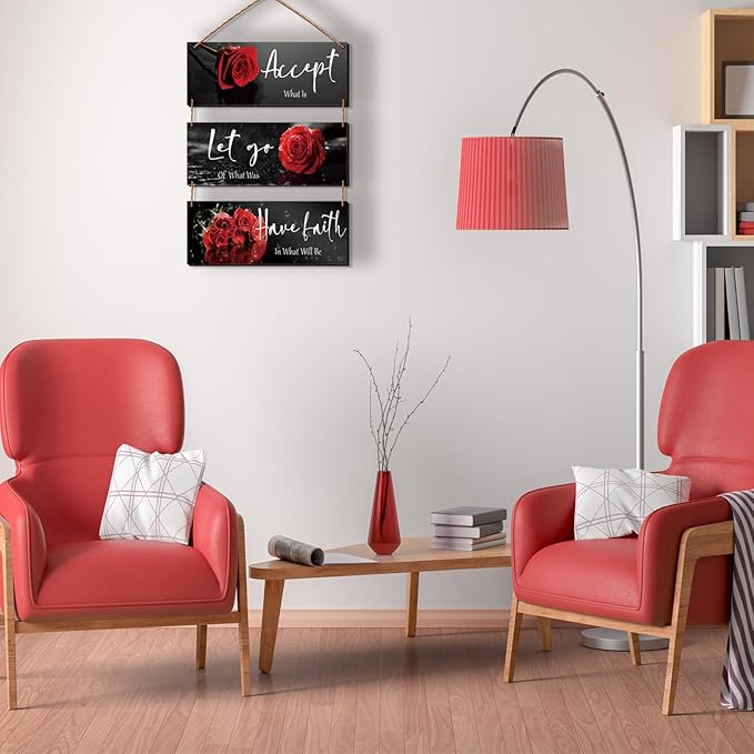 3 Pcs Red Decor Flower Rose Wall Art with Quotes for Girl Women Bathroom Living Room Bedroom Decor (Red Rose 10 x 4 Inch)