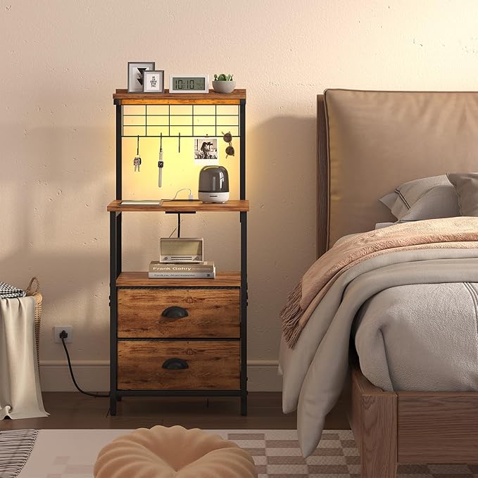 Tall Nightstands with Charging Station, LED Night Stand Bedsides with 2 Fabric Drawers,Hooks,USB Port and Open Storage Shelves,Tall End Table Bedside for Bedroom,Office, Rustic Brown