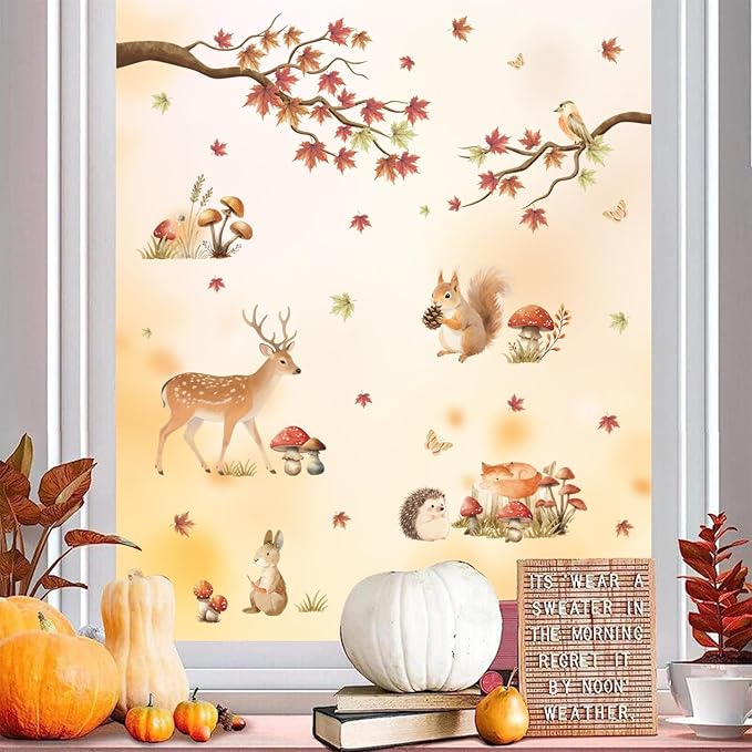 HLNIUC Autumn Forest Animal Double Sided Wall Decal(35”x24”) Cute Deer Rabbit Squirrel Cartoon Wall Sticker,Fall Maple Leaf Forest Theme Art Decal,Fall Jungle Animals for Kids Room Nursery