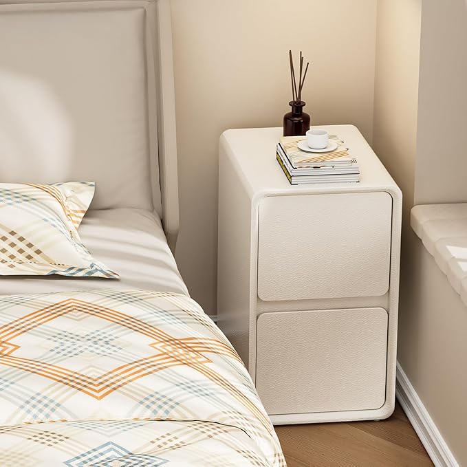 VICITON Modern Narrow Faux Leather Nightstand, Solid Wood Drawer, Storage Accent Table, Small Side End Table for Bedroom (Cream White, Nomal(12 inch))