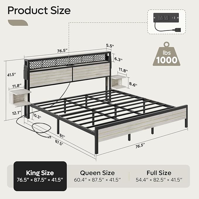 Bestier King Bed Frame with Horizontal Golden Stripe Storage Headboard&LED Nightstands, Metal Platform Bed with Charging Station, Heavy Duty Metal Slats, No Box Spring Needed, Noise Free(Grey Oak)
