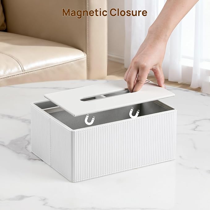 Tissue Box Cover Rectangle with 2 Compartments Remote Holder, PU Leather Tissue Box Holder Rectangle for Livingroom NightStand, Tissue Holder for 120(3-Ply)/160(2-Ply) Tissue Box (Ivory)