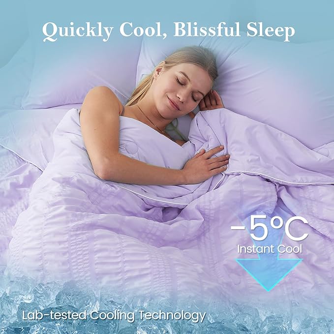 Cozy Bliss Seersucker Cooling Comforter Twin Size, Q-Max 0.45 Reversible Lightweight Cooling Blanket, Breathable Silk Smooth Summer Bedding Quilt for Hot Sleepers Night Sweats Purple