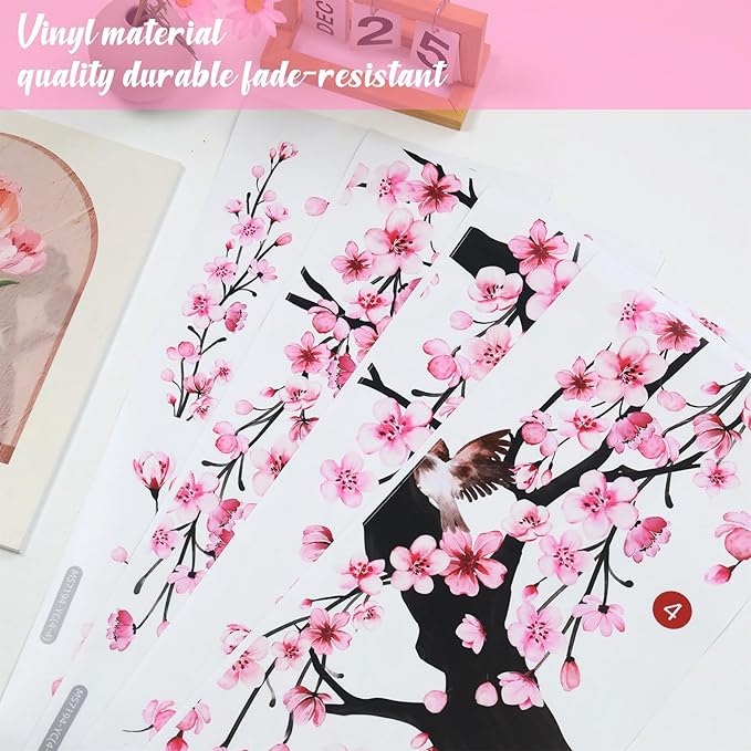 Lilac Wall Decoration Large Cherry Blossom Tree Wall Stickers, 4 Sheets Spring Pink Flower Bird Wall Decals Peel and Stick Wall Murals Decor for Living Room Bedroom (Pink, 11.8 * 35.4inch)