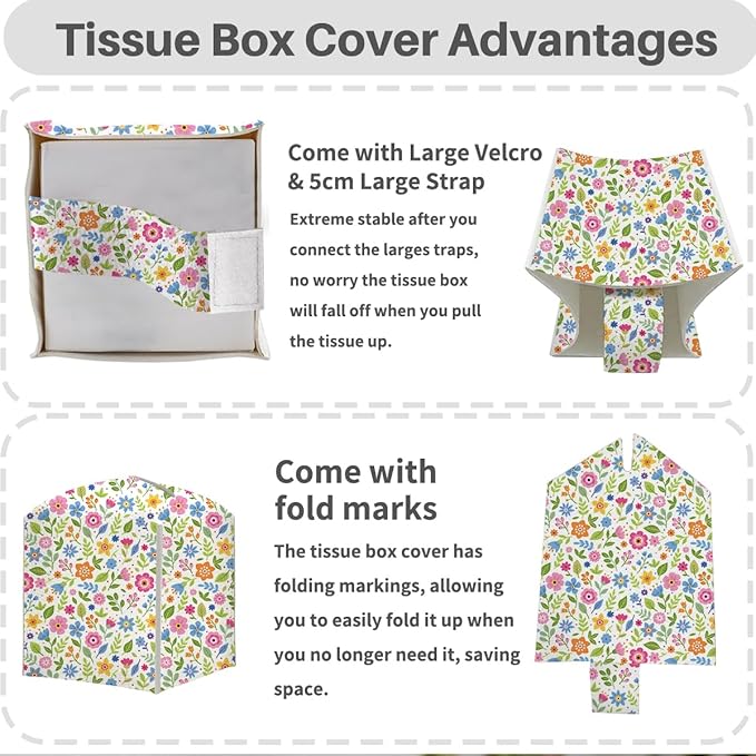 Tissue Box Cover, Tissue Box Holder, Square with Belt Bottom, PU Leather Decorative Organizer for Desk, Tabletop, Countertop Bathroom, Toilet Car, Office, Dresser Kitchen, Aesthetic Flower Decor