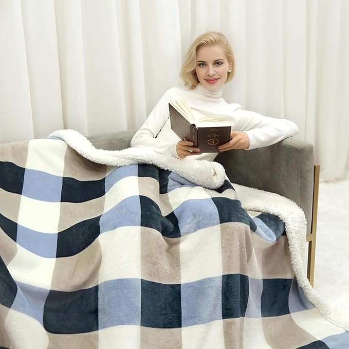 Sherpa Fleece Throw Blanket for Couch, Fluffy Plush Warm Fuzzy Blanket for Women and Men, Cozy Thick Soft Twin Blanket for Bed, Gray-Soft Blue, 50x60 Inches