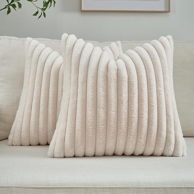 FUTEI Light Beige Decorative Throw Pillow Covers Set of 2, 28x28 Inch Soft Fluffy Faux Fur Plush Striped Euro Pillow Shams, Modern Home Decor for Couch Bed Living Room