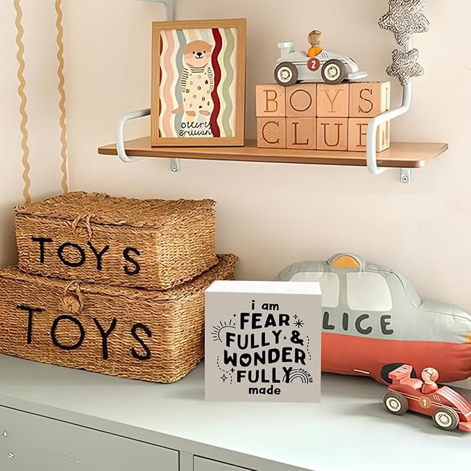 Lacama Christian Nursery Wooden Box Sign, I Am Fearfully and Wonderfully Made Bible Verse Decorations Wood Block Signs, Inspirational Religious Wood Sign for Kids Room Desk Shelf Wall Decor 5x5 Inches