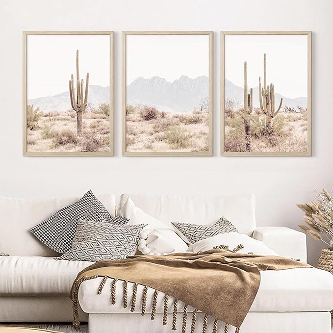 Sonoran Desert Landscape Wall Art Cactus Arizona Canvas Wall Decor Desert Poster Pictures Saguaro Cactus Art Prints Landscape Painting for Home Bedroom 16x24 Inch Wood Framed Set of 3