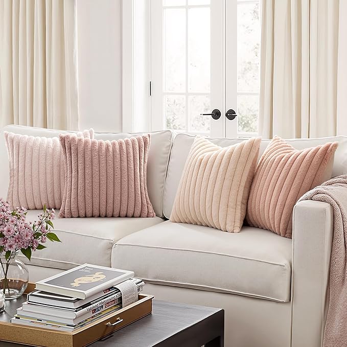 MIULEE Faux Fur Plush Decorative Throw Pillow Covers 18x18 Set of 4, Valentine's Day Cute Modern Soft Romantic Fuzzy Striped Cushion Covers Girl for Sofa Couch Bed Living Room Cozy Home Decor,Pink