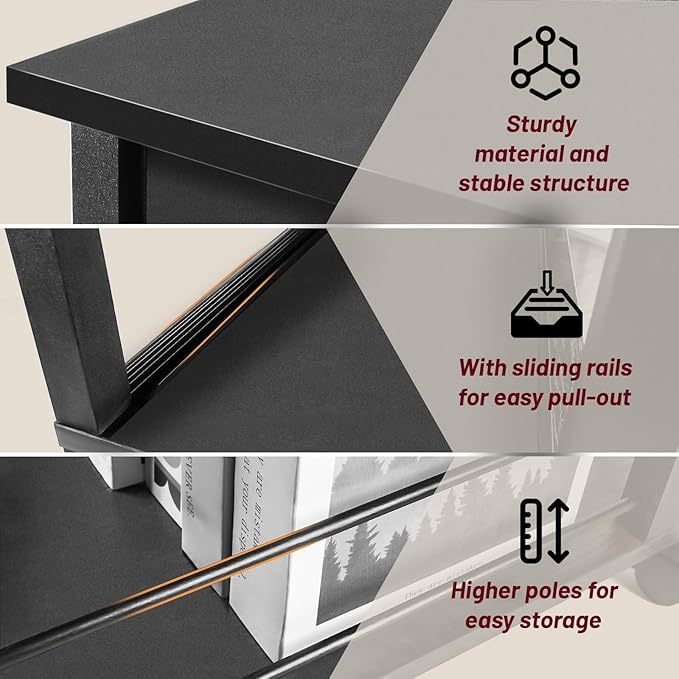 Narrow Side Table (1PC) - Black End Table with Overload Protection, Charging Station Drawer & 4 Wheels, Mobile Storage Nightstand for Bedroom Studio Apartment (1 AC + 2 USB Ports)
