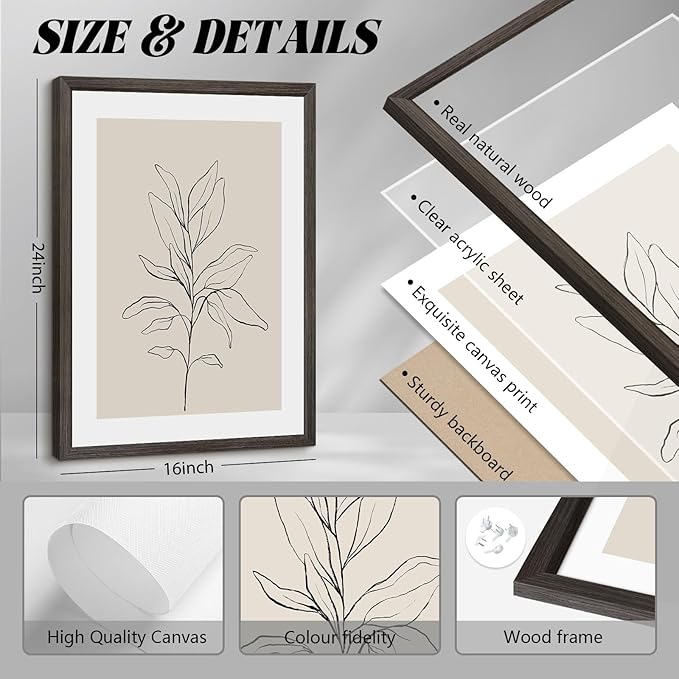 Botanical Wall Art Decor Neutral Wall Decor Boho Beige Canvas Wall Art Botanical Minimalist Pictures Neutral Prints Beige Posters Boho Artwork for Room Bedroom 16x24x3 Inch Wood Framed
