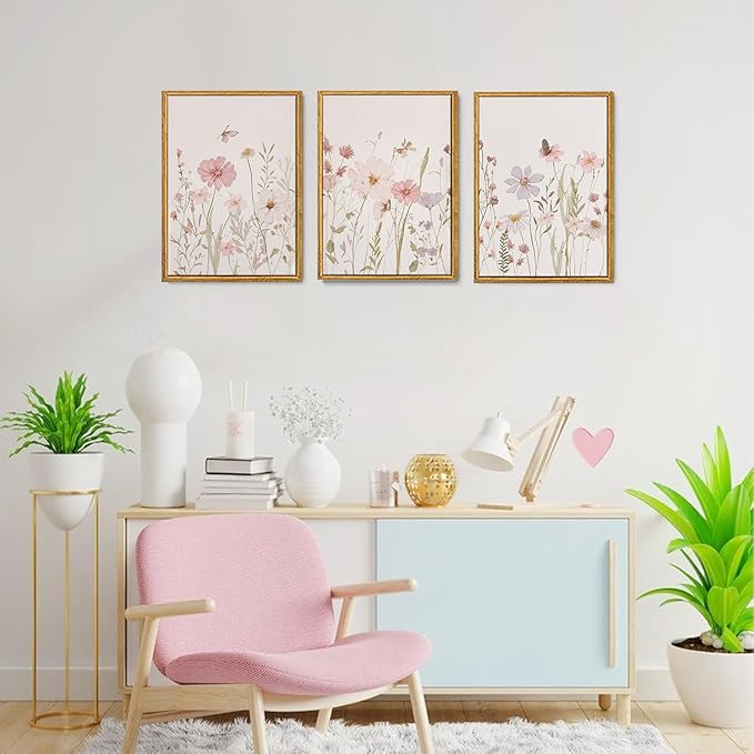 Wodkwq 3 Piece Wildflower Canvas Wall Art Framed,Pink Watercolor Flower Wall Decor,Vintage Floral Pictures,Botanical Nursery Prints For Bedroom,Living Room 16x24in