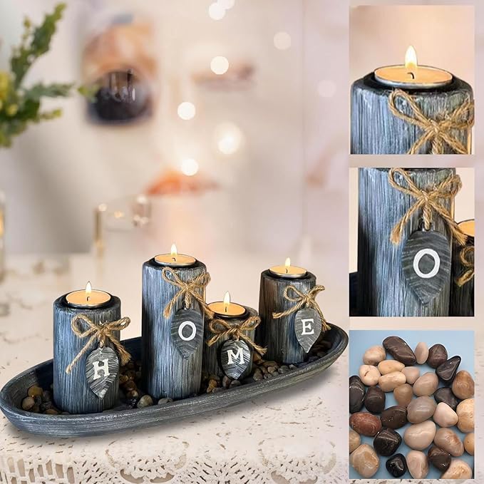 Wooden Candle Holders Centerpieces for Living Room Coffee Table Decorations,Farmhouse Table Decor Tealight Candles Holders with Rustic Tray,Candlesticks for Home Decoration Fireplace Kitchen