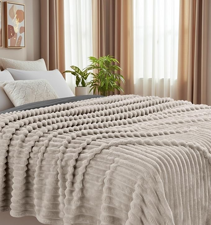 Utopia Bedding Linen Striped Fleece Blanket King Size – Fluffy, Warm & Lightweight Ribbed Throw for Bed, Sofa & Chair - Soft Cozy Blanket for Home Décor & Gifting (90x102 Inches)