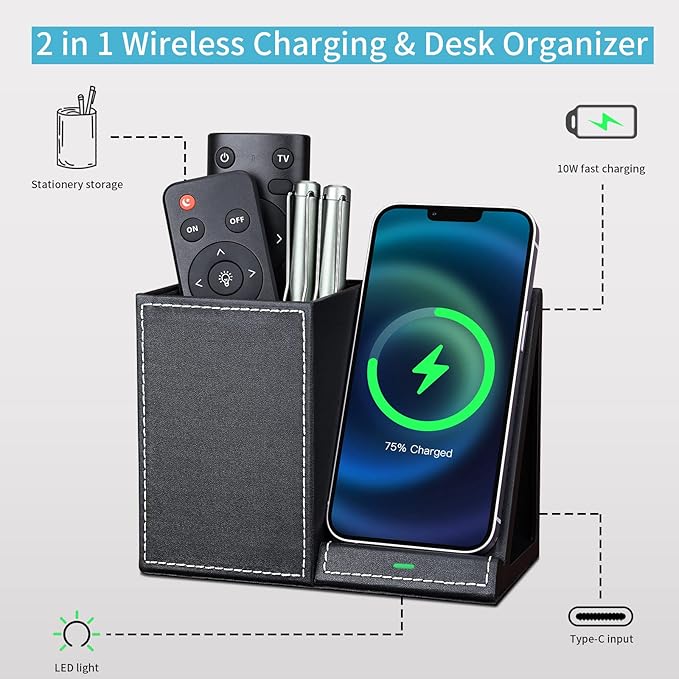 KINGFOM PU Leather Desk Organizer with Wireless Charging Station for iPhone, 10W Wireless Charger for iPhone 14/14 Pro/13/12/Samsung Galaxy S23/S22/S21/Note 20/Note 10(Black-S)