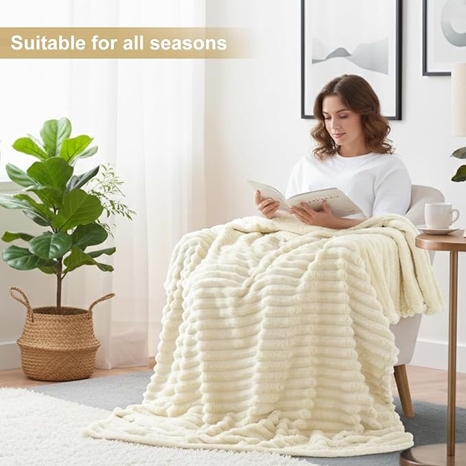 decorUhome Soft Fleece Beige Throw Blanket for Couch, Cozy Fluffy Plush Flannel Striped Blanket for Sofa Bed, Lightweight Decorative Ribbed Fuzzy Blanket for Woman, 50x60 Inches