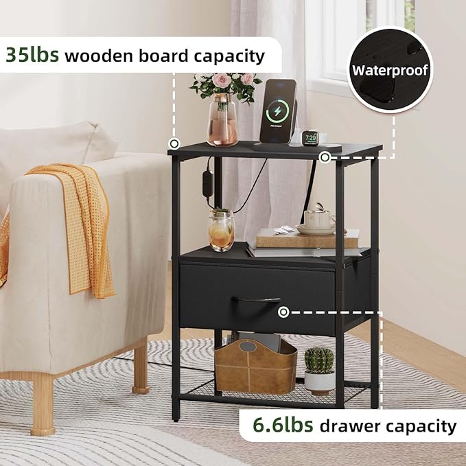 Somdot Black Nightstand Set of 2 with Charging Station and LED Light for Bedroom, Bedside Table End Table for Dorm Guest Room Bedside Kids Laundry Closet Entryway Hallway, Black Rustic Brown