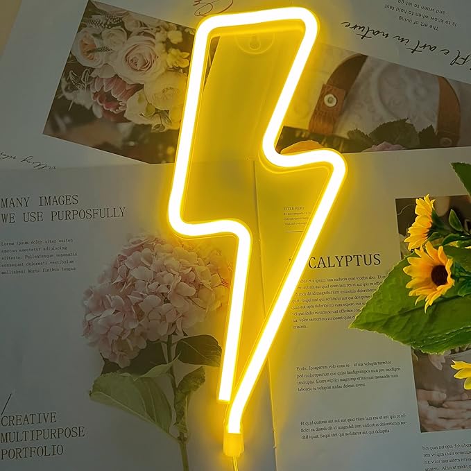 Neon Signs Lightning Bolt Neon Light Sign for Wall Decor, Battery or USB Powered Led Lightning Light Neon Sign for Bedroom, Kids Room, Birthday, Party, Wedding, Home,Kids Decorations Yellow