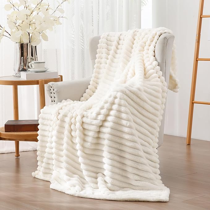 Vessia Flannel Fleece Throw Blanket for Couch,Sofa,Bed, 300GSM Striped Cream Throw Blanket for Adults and Kids, Super Soft Warm Cozy Lightweight Home Decor for All-Season(50x70inch)