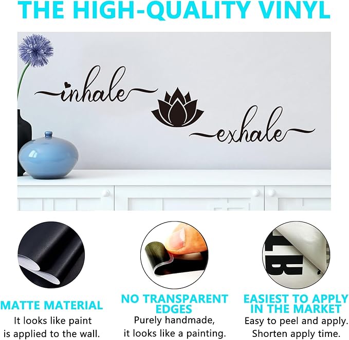 Yoga Quotes Wall Stickers for Bedroom: Zen Lotus Flower Home Meditation Vinyl Art Wall Decals for Living Room Bathroom - Inhale Exhale 45" X 12.6"