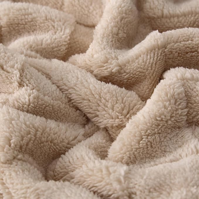 Sherpa Throw Blanket for Couch, Flannel Cozy Soft Thick Blanket for Bed - Fleece, Beige, 60x80 Inches