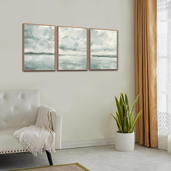 CHDITB Abstract Coastal Landscape Framed Wall Art, Lake Pastel Painting, Misty Sky Seascape Print, Blue Gray Artwork Minimalist Neutral Nature Wall Decor for Zen Living Room Bedroom Office 16"x24"x3