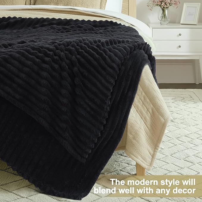 decorUhome Soft Fleece Black Blanket King Size for Bed, Cozy Fluffy Plush Flannel Large Striped Throws for Couch Sofa, Lightweight Decorative Fuzzy Blanket for Woman, 108x90 Inches