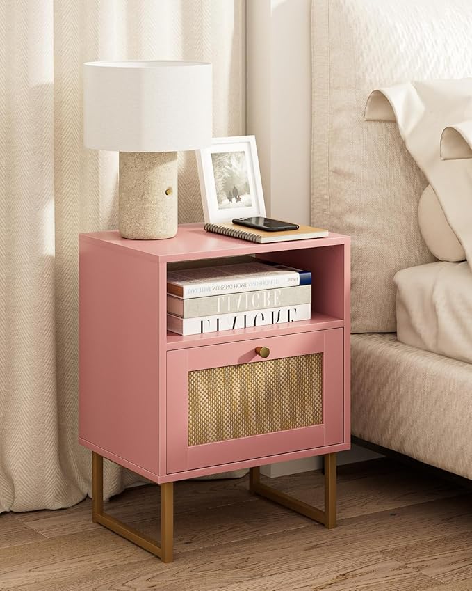 Masupu Rattan Nightstand,Modern Boho Farmhouse Wood Bedside Table with Storage Drawer and Open Shelf,Small Black Frame Side End Table for Bedroom,Living Room,Office (Pink)