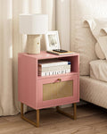 Masupu Rattan Nightstand,Modern Boho Farmhouse Wood Bedside Table with Storage Drawer and Open Shelf,Small Black Frame Side End Table for Bedroom,Living Room,Office (Pink)