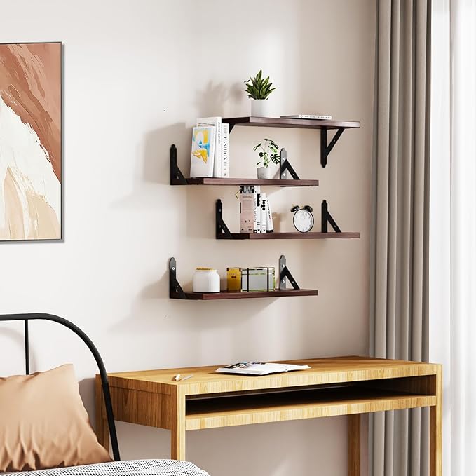 Wood Floating Shelves Set of 4, Rustic Storage Decor Wall Shelves, Wall Mounted Shelf for Living Room, Bedroom 17" x 6", Brown