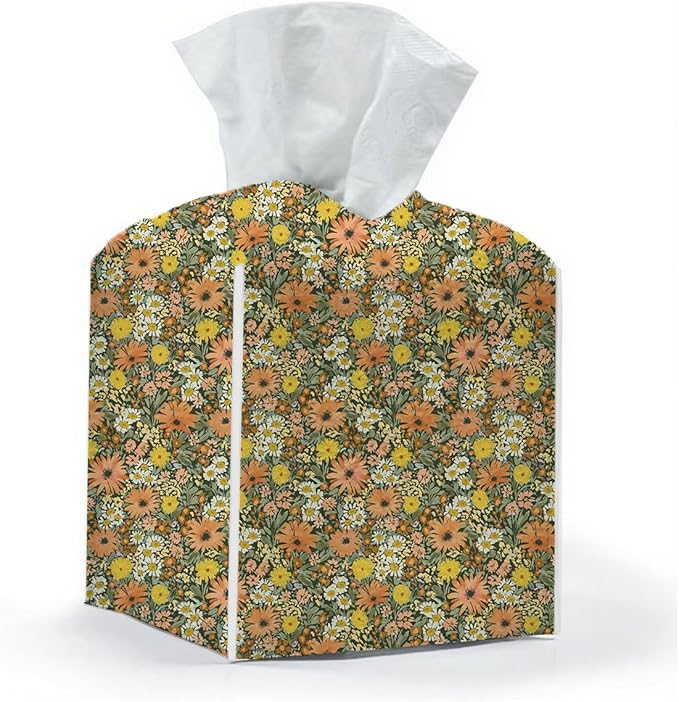 Tissue Box Cover, Tissue Box Holder, Square with Belt Bottom, PU Leather Decorative Organizer for Desk, Tabletop, Countertop Bathroom, Toilet Car, Office, Dresser Bedside, Aesthetic Wildflowers Decor