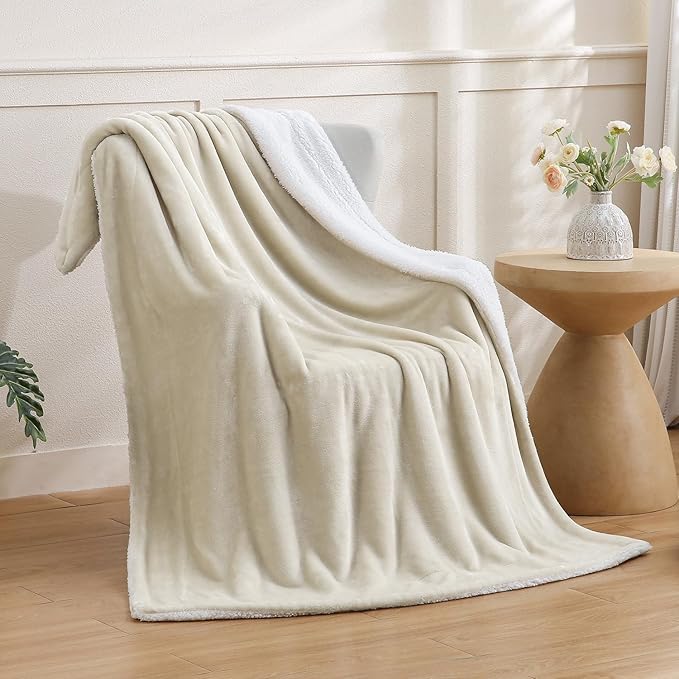 SOCHOW Sherpa Fleece Throw Blanket, Double-Sided Super Soft Luxurious Plush Blanket Throw Size, Linen, 50x60 inches