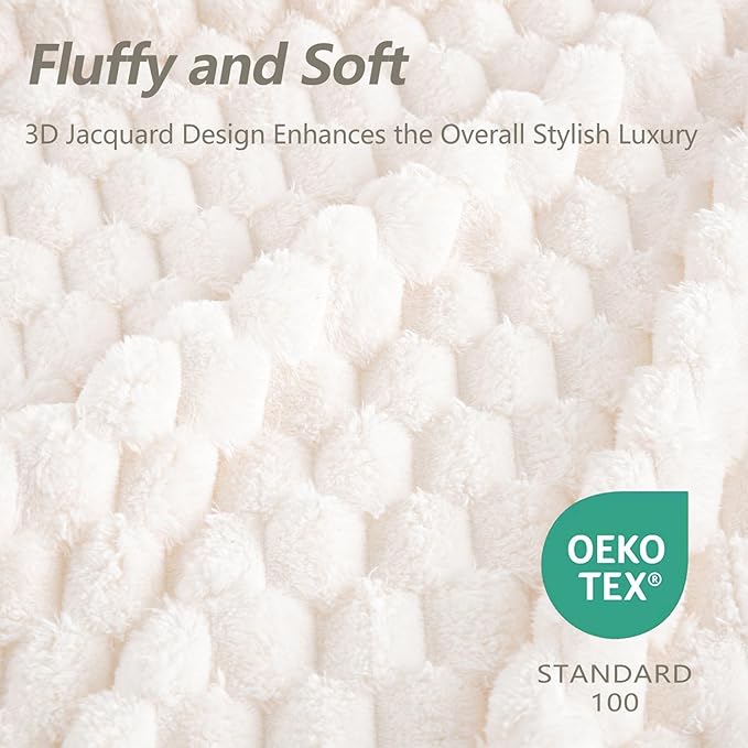 Bnuitland Oversized King 3D Jacquard Flannel Blanket 120x120 Inches, 300GSM Soft Fuzzy Leightweight for Bed,Sofa,Couch, Extra Large Fleece 10x10 Huge Blanket for Whole Family, Ivory