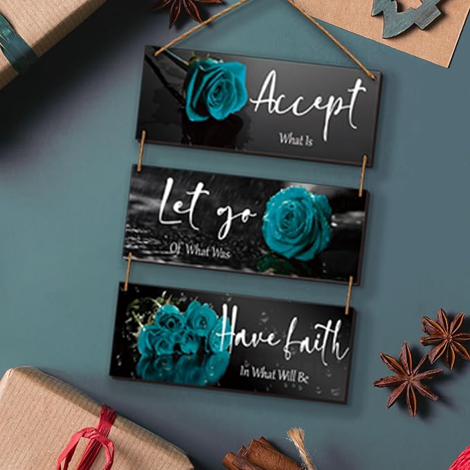 3 Pcs Wooden Teal Flower Wall Art - Teal Rose Wall Decor With Inspirational Quotes - For Women, Office, Living Room, Bedroom (10 x 4 Inch)