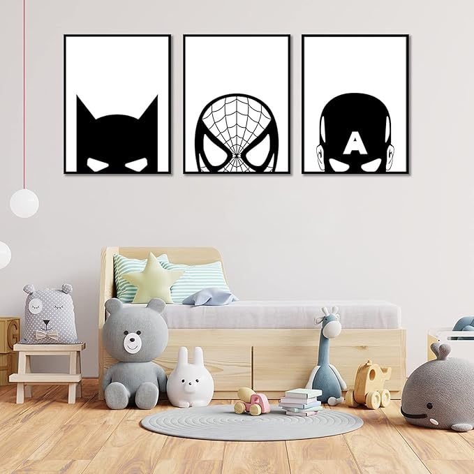 Superhero Spiderman Canvas Wall Art Black and White Wall Art Superhero Posters Spiderman Pictures Painting Wall Decor Superhero Poster for Living Room Bedroom 12x16x3 Inch Framed